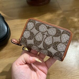Coach Crystal Signature Canvas Mini Zip Wallet Brown Leather Trim